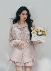 AOMALM striped lace shirt set, French romantic spring outfit, feminine lace stripe blouse women, Korean elegant two piece set, quiet luxury pink twinset, Parisian inspired lace shirt skirt, romantic Korean French aesthetic clothing, soft feminine spring ensemble, delicate lace striped blouse, elegant lightweight spring outfit women, refined luxury womenswear set, romantic pastel shirt skirt outfit, feminine Korean designer inspired clothing, lace detail striped shirt women, luxury spring twinset fashion