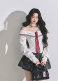 off shoulder striped shirt women, korean style off shoulder top, seoul fashion blouse, long sleeve bardot striped top, cute commuter top women, korean american street style shirt, preppy stripe blouse, autumn slim fit top women, trendy off shoulder blouse, pinstripe bardot top, school girl aesthetic top