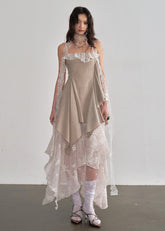 JNYLON layered sundress women, Korean romantic fairy dress, irregular embroidery slip dress, stylish Korean fashion maxi dress, natural beauty layered dress women, trendy Korean street romantic outfit, embroidered lace sundress Korean style, lightweight spring layered dress women, chic natural aesthetic dress, Korean fashion fairycore dress, modern Korean feminine sundress
