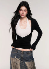 LuluSwings halter top, layered two-piece top, halterneck long sleeve shirt, Korean stylish hot girl top, modern wrap style top, city girl slim long sleeve, sexy clean halter tee, tank and sleeve set top, sleek fitted Korean top, AW stylish layering top, trendy halter layering piece, contour fit halter shirt
