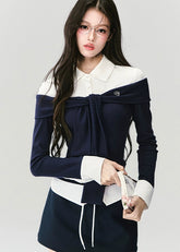 Fragileheart knit top set, off-shoulder sweater, luxury Korean fashion, elegant preppy outfit, autumn winter 2025, quiet luxury style, pastel noir aesthetic, black and white knitwear, K-fashion two-piece set, modern feminine look, ribbon detail top, soft academic chic, refined Korean womenswear, structured luxury knit