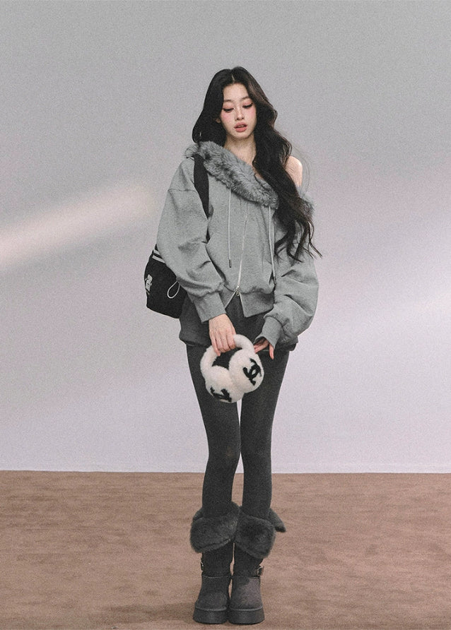 fur trim sweatshirt set, off shoulder hoodie set, winter two piece outfit, faux fur collar hoodie, Korean fashion sweat set, winter streetwear women, cozy fur hoodie, trendy winter shorts set, American college style outfit, Nordic winter fashion, warm casual two piece, stylish winter loungewear, cute fur trim top, off shoulder winter sweater, womens winter sporty set