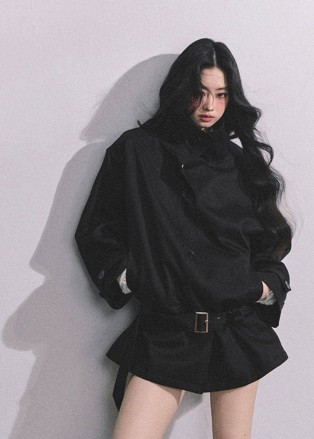 french trench jacket, korean short trench coat, autumn outerwear women, seoul street style jacket, belted loose fit coat, stand collar windbreaker, hepurn fashion jacket, elegant french outerwear, korean fashion 2025, minimalist city coat, oversized chic jacket, trendy korean outfit, casual luxury jacket, nom alm style, korean modern trench