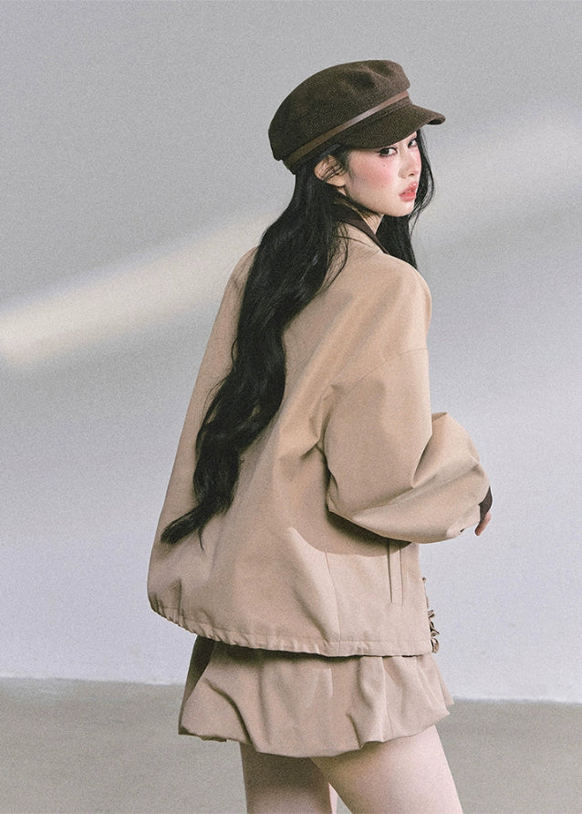 french suit set, ruffle jacket set, autumn two piece outfit women, korean fashion co-ord, puff skirt set, bud skirt outfit, soft girl aesthetic clothes, elegant ruffle jacket, korean chic two-piece, fall fashion women, korean streetwear outfit, cute jacket and skirt set, stylish autumn outfits for women, feminine korean fashion, french style women’s clothing