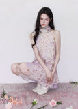 fragileheart dress, floral halterneck dress, pink floral mini dress, korean feminine dress, romantic summer dress, vintage floral dress, scarf neck mini dress, lilac floral dress, soft girl summer dress, feminine date dress, floral korean fashion, halterneck short dress