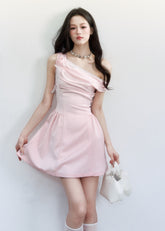 fragileheart dress, pink satin dress, one shoulder dress, asymmetrical dress, korean feminine dress, princess mini dress, blush party dress, waist cinching dress, elegant satin mini dress, romantic korean dress, soft pink occasion dress, heiress style dress