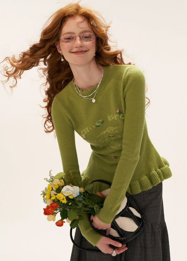 floral embroidered sweater women, slim knit crew neck top, fall 2025 knitwear women, embroidered flower pullover, soft street knit sweater, korean feminine knit top, long sleeve slim sweater women, romantic fall layering top, nowa tokyo cute knit style