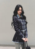 Proust Blue set, plaid suit set, collegiate jacket women, winter plaid skirt set, Korean two-piece outfit, AOMALM suit set, academic style outfit, Korean winter fashion, plaid mini skirt, tailored winter jacket, K-fashion set, blue plaid outfit, elegant winter outfit women, campus style clothing, wool blend jacket women, date outfit winter, Korean street style, cute two-piece set, winter feminine fashion, plaid matching set