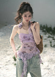 aomalm top, lace halter top, floral lace summer top, feminine korean top, purple lace blouse, asymmetric halter top, romantic summer top, sheer lace top women, french inspired top, slim fit summer blouse, elegant going out top, korean fashion top