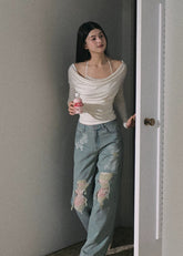 レース レベル ワイドレッグ ジーンズ