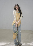 Women’s golden gingham cami top with flowing ruffle details