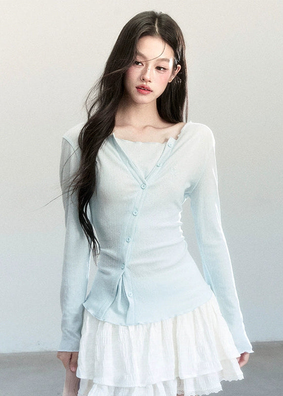 Fragileheart knit top, faux two-piece shirt, layered asymmetric blouse, luxury Korean fashion, minimal feminine outfit, quiet luxury womenswear, pastel noir aesthetic, elegant everyday top, four color knitwear, K-fashion 2025, casual chic long sleeve, modern Korean style, delicate soft knit, refined daily outfit