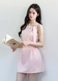 pink satin mini dress, princess satin dress, bow shoulder dress, feminine korean dress, fragileheart dress, birthday party dress, romantic pink dress, satin flare mini dress, soft girl mini dress, cute pink occasion dress, korean feminine fashion, blush satin dress