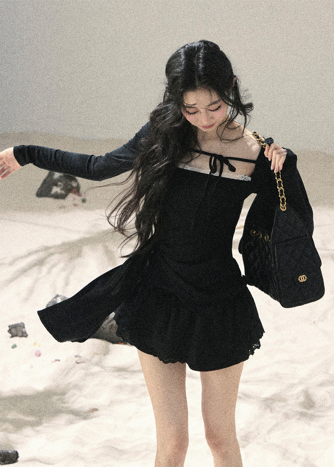 aomalm top, square neck top, lace trim top, black feminine top, long sleeve korean top, waist slimming top, ribbon detail top, romantic korean fashion, fitted summer top, hot girl top, elegant black blouse, lyocell spandex top