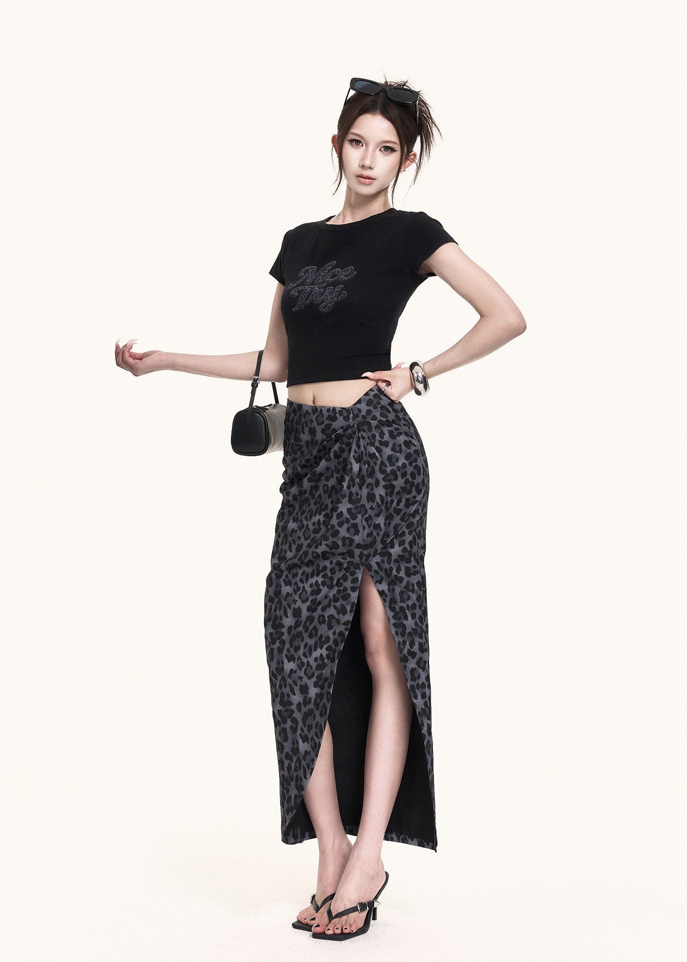 Black graphic crop tee and leopard slit skirt set
