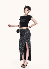 Black graphic crop tee and leopard slit skirt set