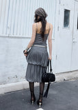 jnylon two piece set, gray knit set, korean fashion set, tie front top set, balloon skirt set, pleated skirt set, stylish korean outfit, summer knit set, vintage korean fashion, relaxed skirt set, urban summer outfit, korean street fashion