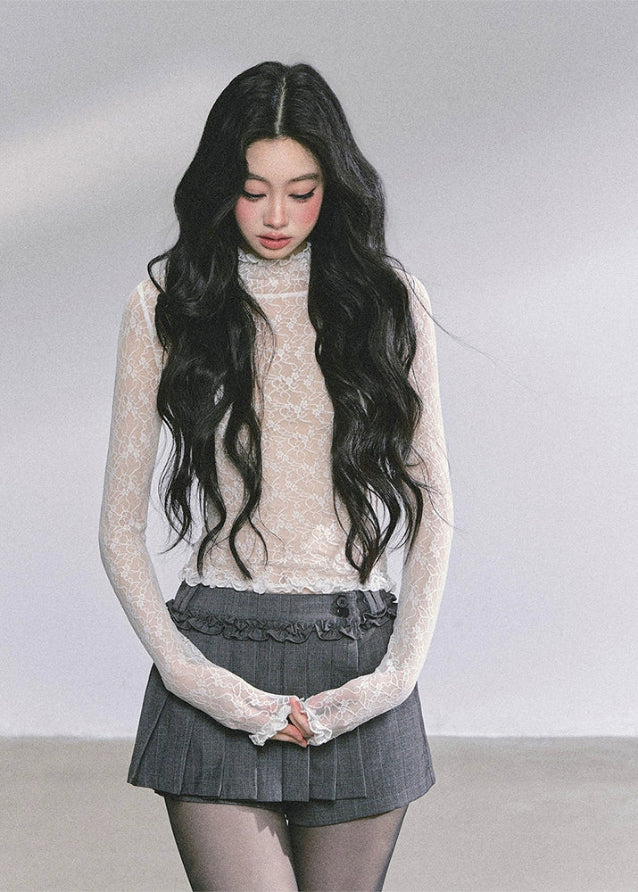 lace high neck top, sheer lace turtleneck, ballet core lace shirt, Korean lace slim top, transparent mesh long sleeve, floral lace blouse women, autumn lace base layer, elegant French lace top, sexy lace see-through shirt, ballet style long sleeve, Korean American fashion top, slim fit lace tee, feminine lace layering top, boutique lace turtleneck