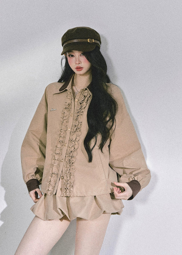 french suit set, ruffle jacket set, autumn two piece outfit women, korean fashion co-ord, puff skirt set, bud skirt outfit, soft girl aesthetic clothes, elegant ruffle jacket, korean chic two-piece, fall fashion women, korean streetwear outfit, cute jacket and skirt set, stylish autumn outfits for women, feminine korean fashion, french style women’s clothing