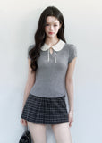 fragileheart top, doll collar t-shirt, peter pan collar top, korean feminine top, slim short sleeve top, preppy summer top, campus style top, cute korean fashion, pink collar top, gray collar top, soft girl top, feminine fitted tee