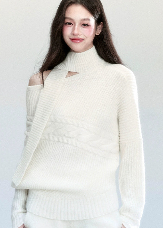 Fragileheart knit set, ivory scarf sweater, luxury Korean fashion, quiet luxury womenswear, bat sleeve knit top, pastel noir aesthetic, winter soft outfit, elegant white sweater set, K-fashion 2025, minimalist luxury knitwear, off-shoulder knit top, cozy feminine fashion, modern Korean outfit, refined winter style