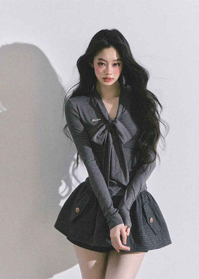 bow tie long sleeve top, ribbon collar shirt, slim fit knit top women, Korean bow top, French elegant bow blouse, waist slimming T-shirt, fall fashion ribbon top, fitted long sleeve tee, Korean American style top, trendy bow detail shirt, high waist slim top women