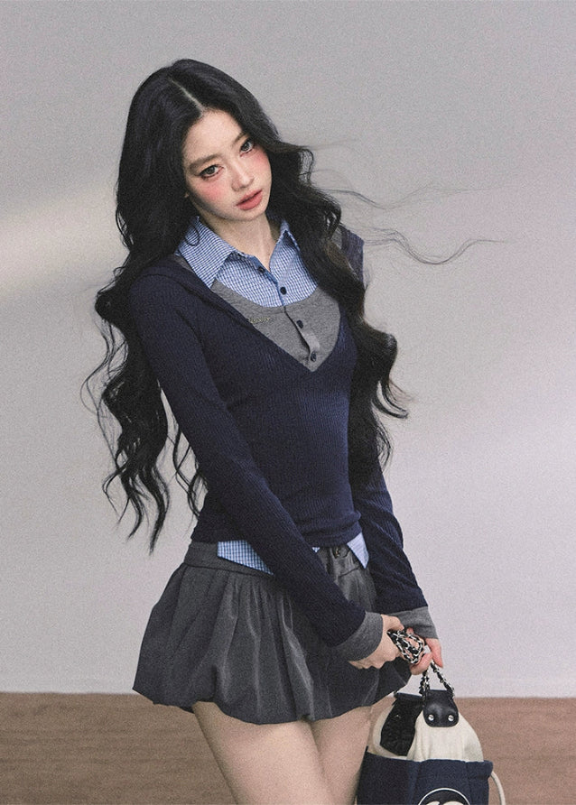 layered polo knit top, fake three piece top women, plaid knit polo shirt, korean prep style top, autumn slim knit shirt, smart girl aesthetic top, layered preppy blouse, navy knit plaid shirt, korean fashion polo knit, college style layered top, cute school girl top, preppy chic knitwear, long sleeve layered t-shirt women, elegant academic top, triple layer knit shirt