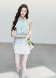 fragileheart top, mint halter camisole, ruffle camisole top, korean feminine top, mint green summer top, polka dot cami, sweet korean fashion, ruffled halter top, soft girl camisole, summer cami top, feminine resort top, cute mint top