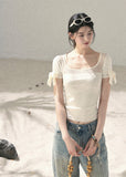 aomalm top, off shoulder knit top, square neck summer top, ribbon sleeve top, feminine korean top, waist cinching top, lyocell slim top, blush pink summer top, spicy girl top, elegant fitted t shirt