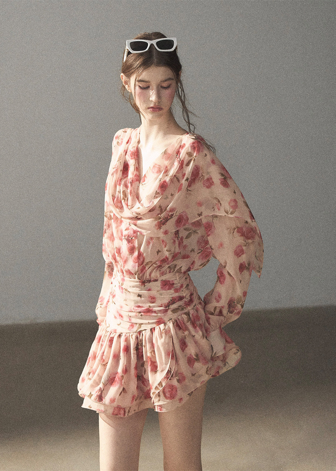 Pink floral chiffon mini dress with long sleeves