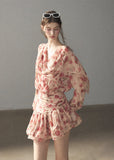 Pink floral chiffon mini dress with long sleeves