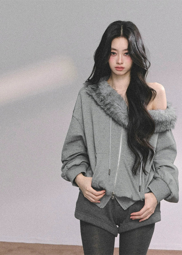 fur trim sweatshirt set, off shoulder hoodie set, winter two piece outfit, faux fur collar hoodie, Korean fashion sweat set, winter streetwear women, cozy fur hoodie, trendy winter shorts set, American college style outfit, Nordic winter fashion, warm casual two piece, stylish winter loungewear, cute fur trim top, off shoulder winter sweater, womens winter sporty set