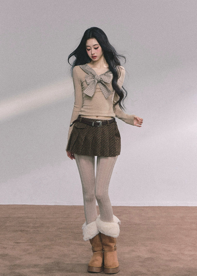 plaid bow knit top, fake two piece top women, preppy style knit shirt, french bow sweater, korean fashion knitwear, autumn slim knit top, check ribbon long sleeve, layered look knit top, cute bow top women, elegant knit blouse, fall winter knit top