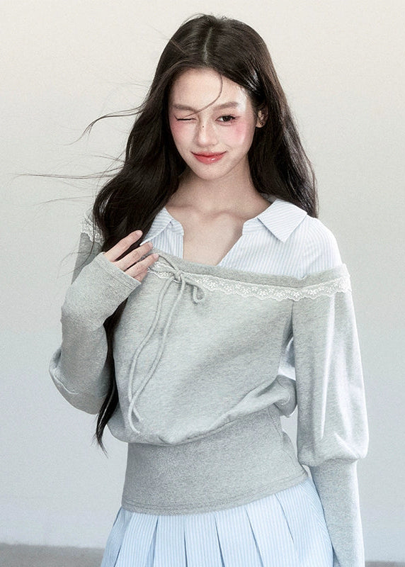 Fragileheart layered set, blue striped pleated skirt, luxury Korean fashion, preppy K-fashion outfit, faux two-piece knit top, quiet luxury womenswear, pastel noir aesthetic, elegant school style, 2025 autumn collection, modern feminine outfit, soft grey sweatshirt set, chic Korean look, academic romantic fashion, delicate layered design