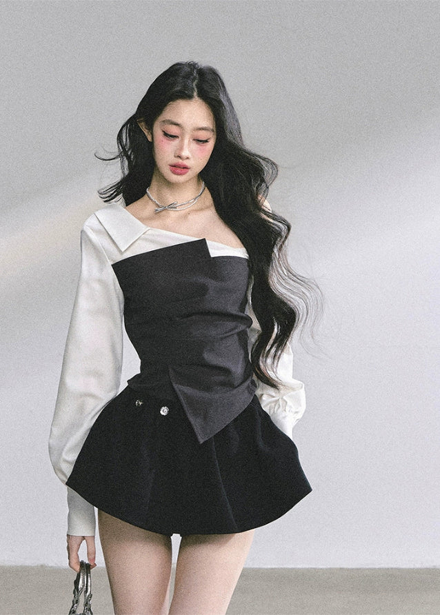 korean two tone blouse, asymmetric off shoulder shirt, french long sleeve top women, korean fashion contrast blouse, slim waist shirt women, korean autumn outfit top, elegant commuter top, kfashion two color blouse, trendy korean streetwear 2025, seoul chic long sleeve, black and white asymmetric top, korean office style top, elegant korean fashion, hepburn style top, contrast panel shirt women