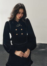 velvet two piece set women, french style velvet outfit, winter velvet top skirt set, korean minimal fashion women, elegant short skirt set, refined women velvet set, gold button velvet top, feminine winter outfit, premium women clothing, aomalm velvet style, understated luxury women wear, modern french inspired set, winter fashion women set, classic velvet ensemble, calm elegant winter outfit