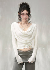 Ivory lace-trim V-neck knit maxi dress with long sleeves