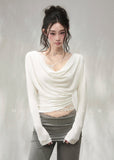 Ivory lace-trim V-neck knit maxi dress with long sleeves