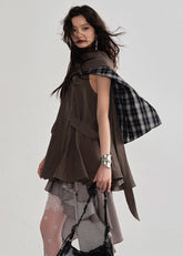 JNYLON detachable cape sundress women, Korean stylish earth tone dress, modern Korean fashion layered dress, chic natural style sundress women, trendy Korean street chic outfit, playful layered earth color dress, lightweight Korean fashion sundress, urban fashion cape dress women, stylish Korean aesthetic sundress, fashionable natural style dress women