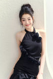 Niche design dinner style black rose ribbon sleeveless dress