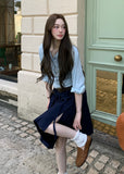 Korean-style blue button-up shirt with a coordinating draped layer