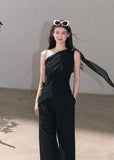 Black asymmetrical draped tank top with one-shoulder detail