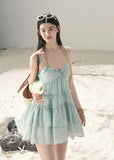 Seafoam blue tiered cami mini dress with gathered front