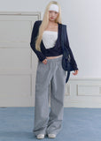 Women’s gray plaid loose straight-leg pants with an elastic waist