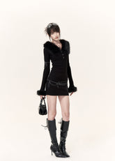 Black faux fur trim knit top and mini skirt two-piece set