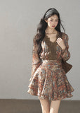 Floral chiffon mini dress with lace V-neck detail