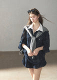 Navy plaid collegiate jacket and shorts set