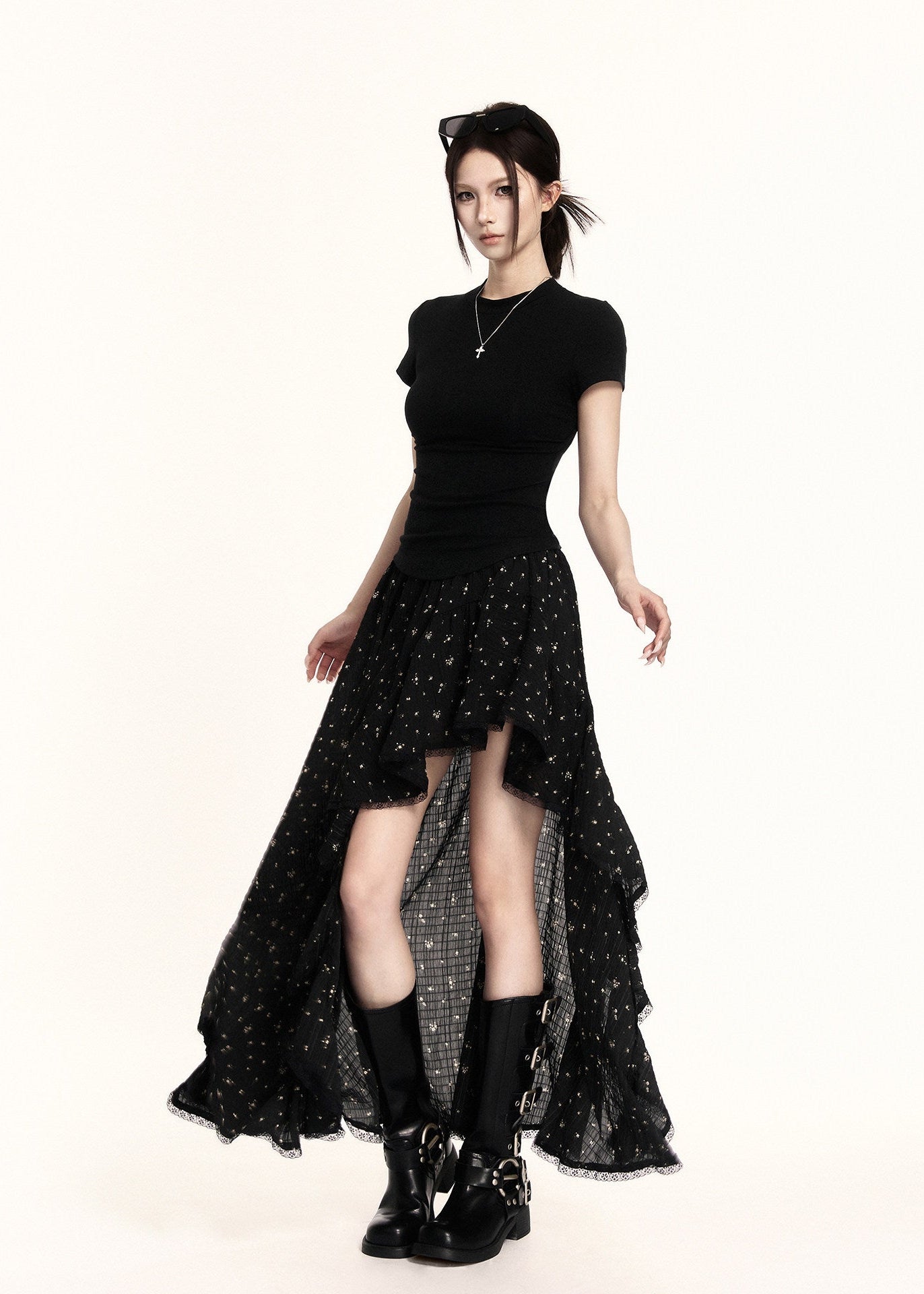 Black high-low ruffle skirt with a sheer layered hem