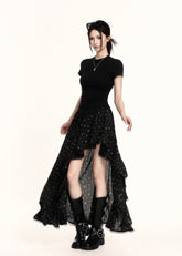 Black high-low ruffle skirt with a sheer layered hem