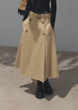 Khaki A-line midi skirt with a coordinating buckle belt